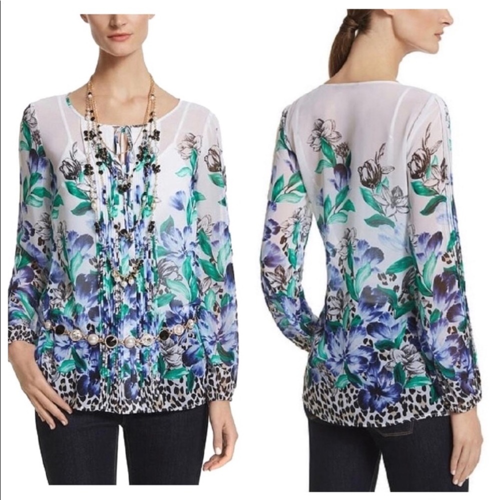WHBM blue green floral Leopard tunic top 10 L